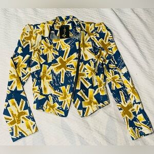 Blue / Yellow Asymmetrical Zippered Jean Jacket / Abstract Blazer Women’s Small
